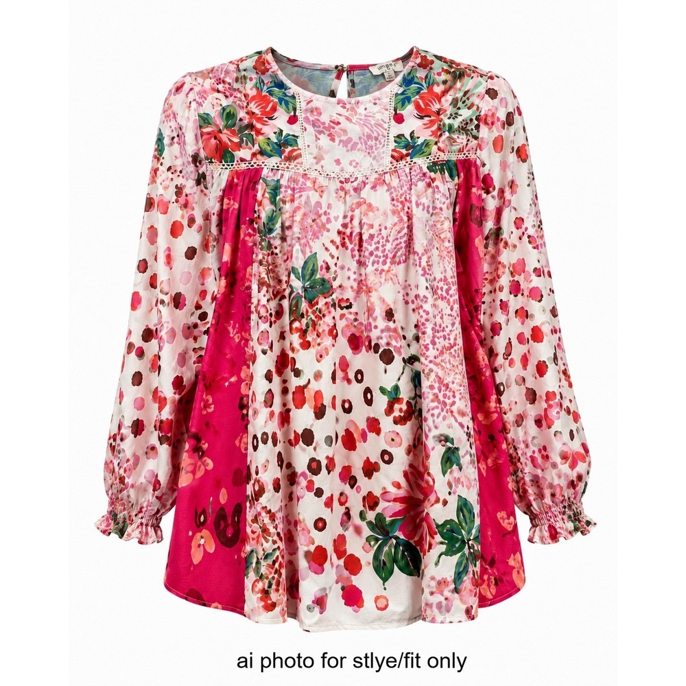 Umgee Floral Leopard Mixed Print Boho Tunic Blouse Women Small Pink